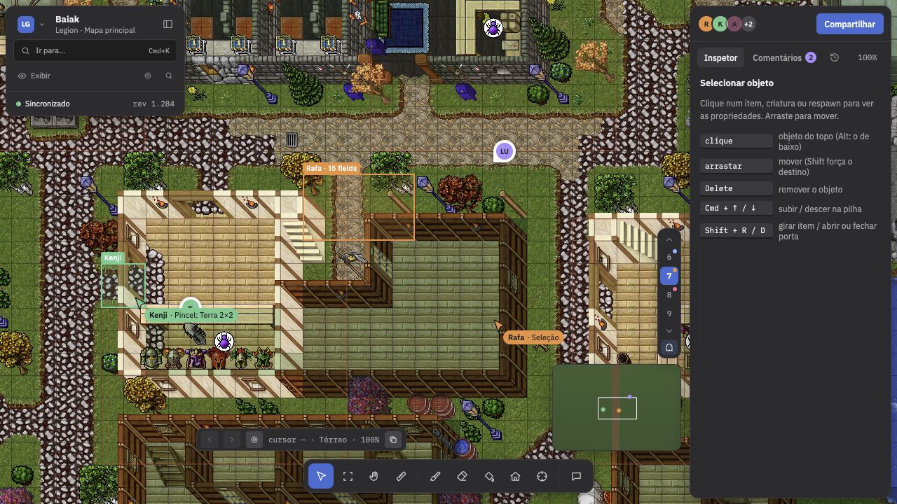 Editor real da Orbiz com mapa, ferramentas, colaboradores, minimapa e painel de propriedades
